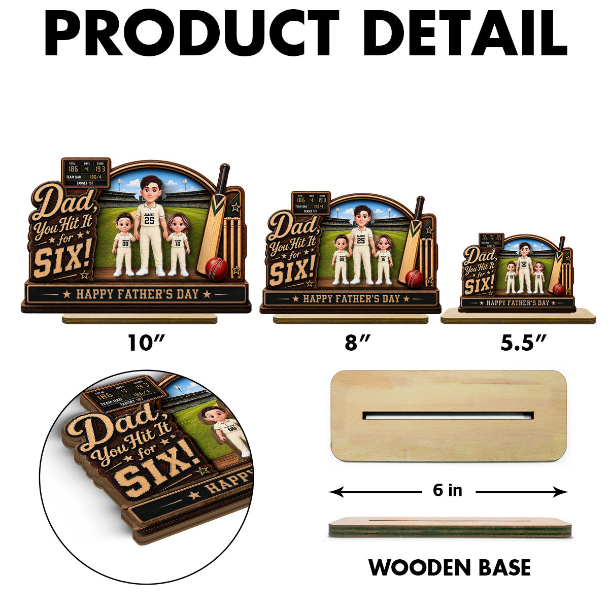 Hit A Six With The Best Dad Cricket Dad & Kids On Court - Personalised 2-Layered Wooden Plaque - Gift For Husband, Dad