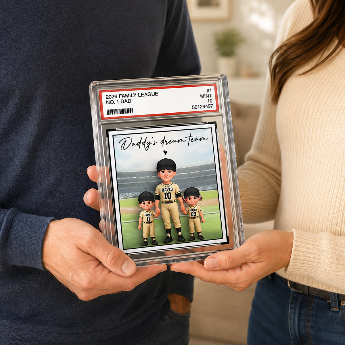 Baseball No. 1 Dad Man & Kids Standing On Court Trading Card Style - Personalized Acrylic Block Plaque - Gift For Baseball Dad