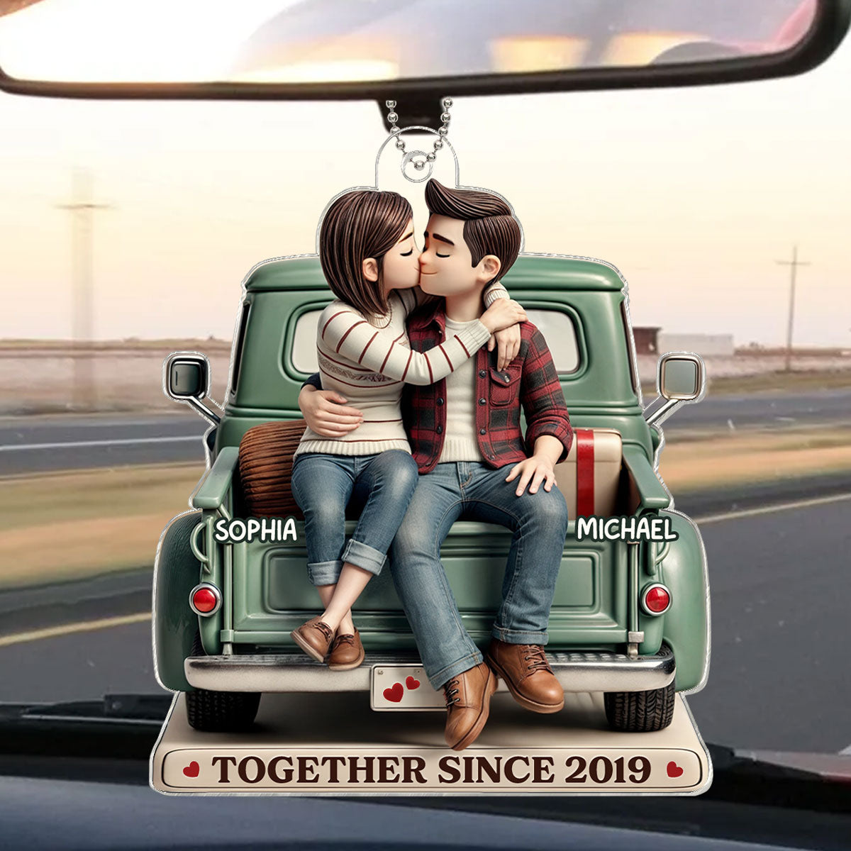 3D Effect Couple On Truck Personalized Acrylic Car Hanger Ornament, Heartfelt 2025 Gift For Couple, For Him, For Her, Boyfriend, Girlfriend, Husband, Wife
