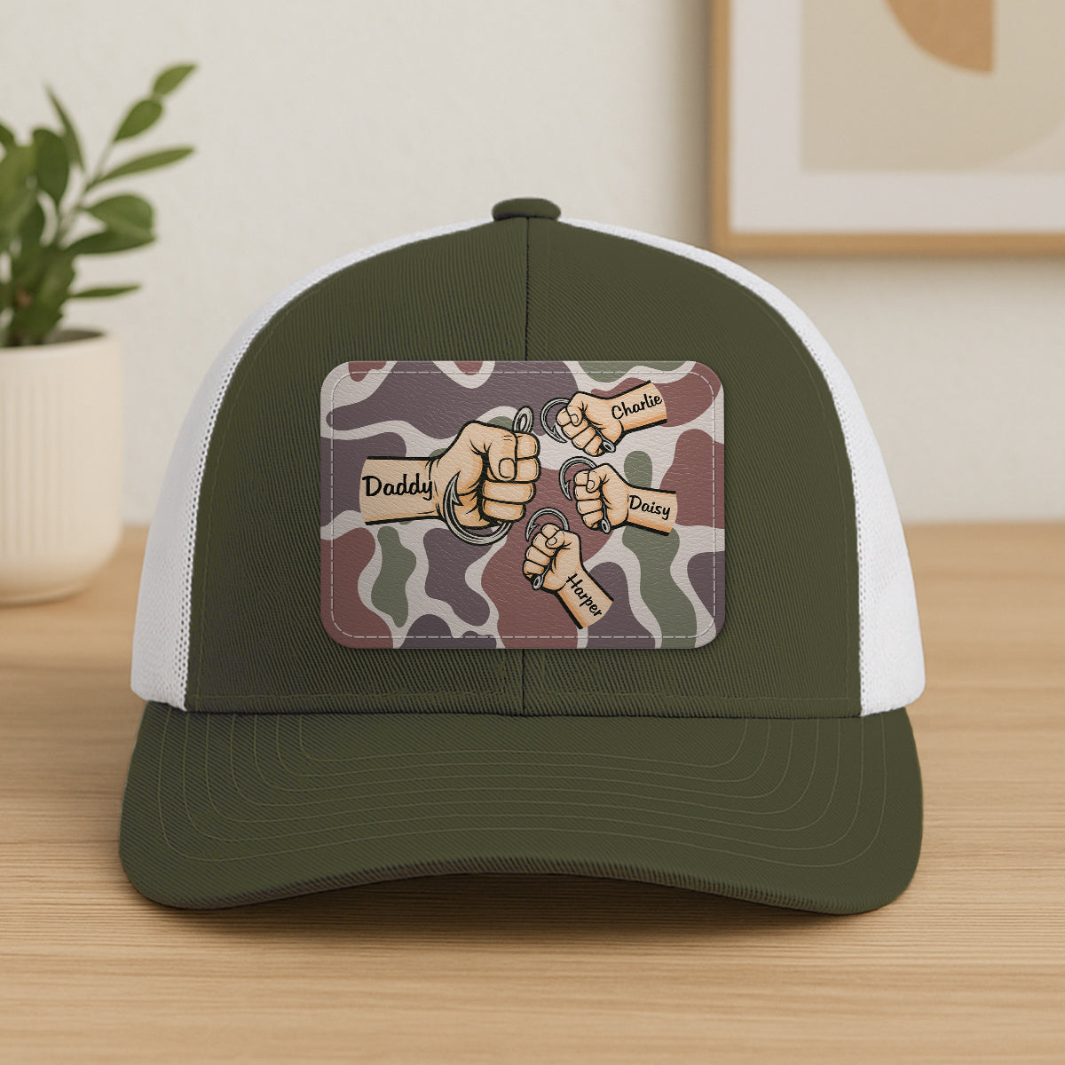 Dad Grandpa & Kids Fist Bump Fishing With Hooks Personalized Leather Patch Hat, Father's Day Gift For Husband, For Dad, For Grandpa