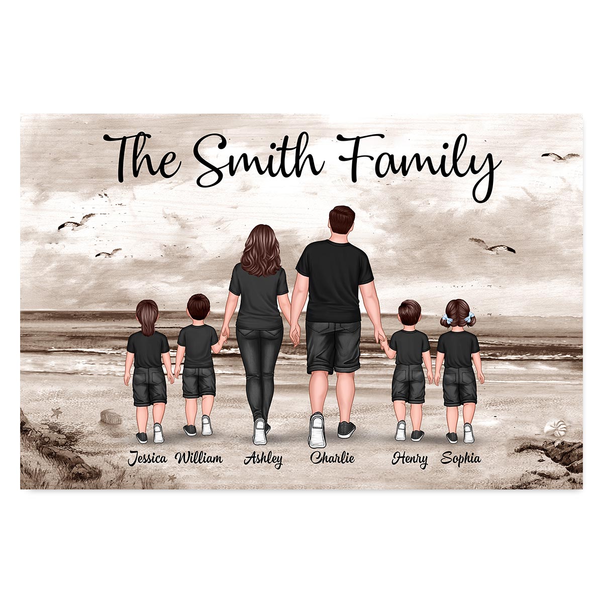 Family Walking At Beach Retro Vintage Personalized Horizontal Poster