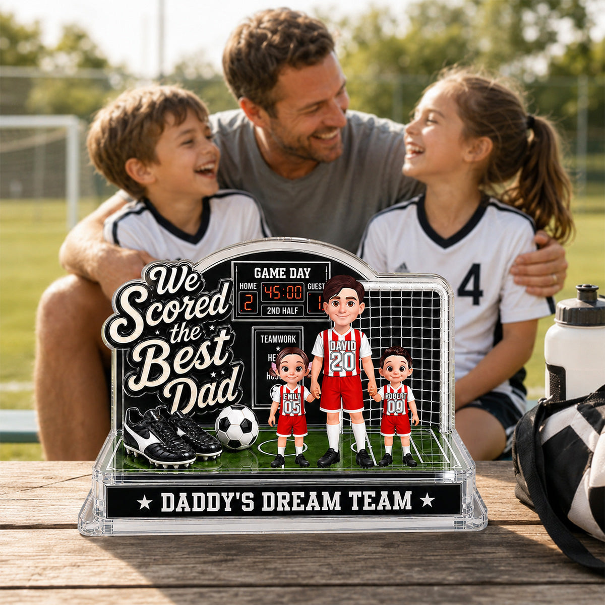 Soccer Dad & Kids On Court 2D Flat - Personalized Acrylic Block Plaque - Gift For Soccer Dad, UK Football Dad