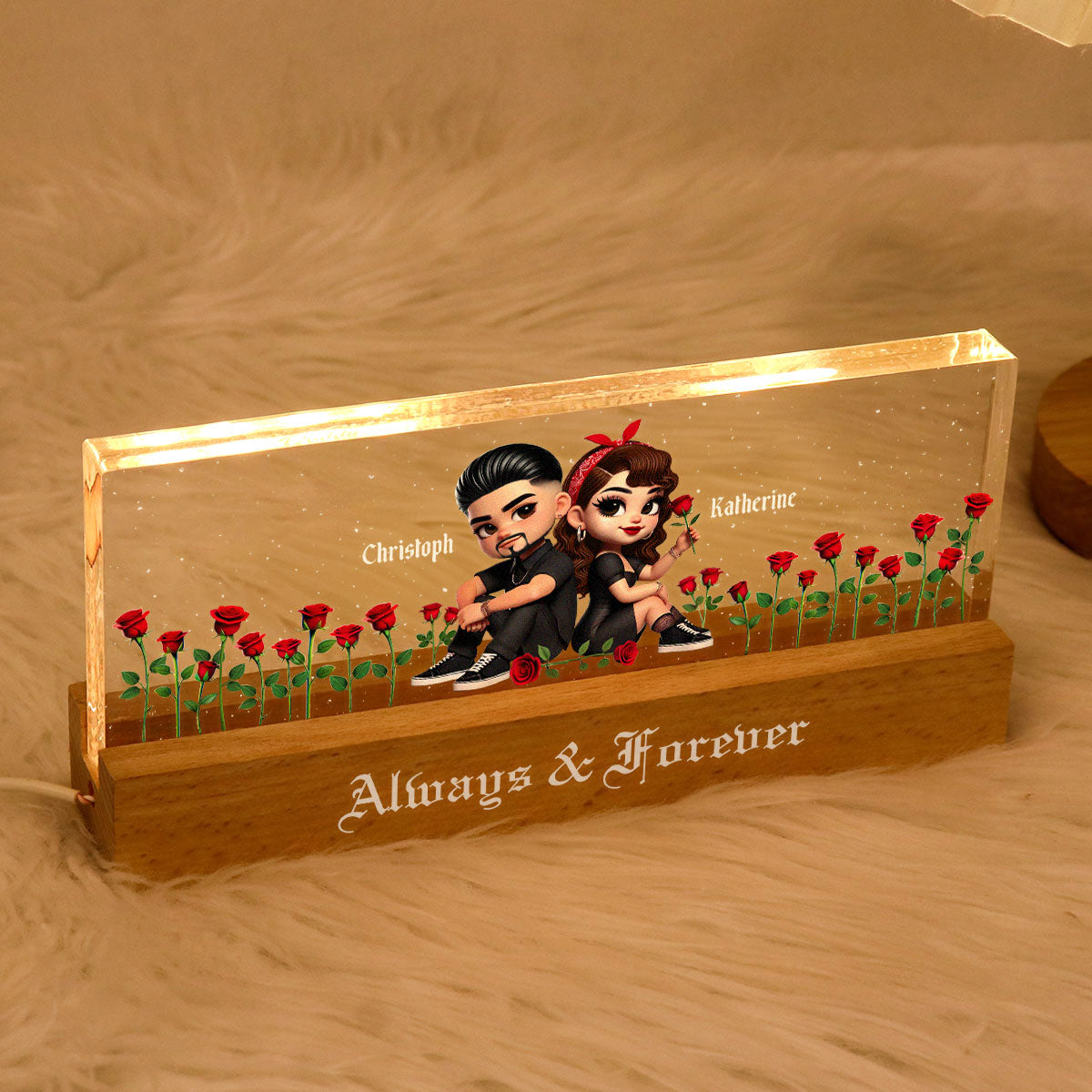Pretty Couple Roses Heart Together Since Personalized Acrylic Block LED Night Light, Gift, Anniversary Gift for Couples