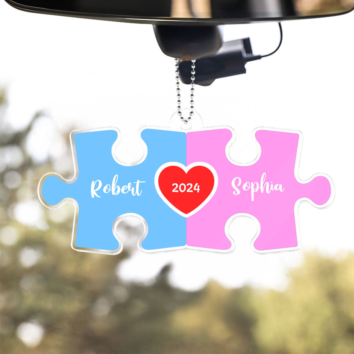 Love Is The Piece That Holds Us Together Acrylic Car Hanger, Personalize Couple Puzzle Name Sign, Gift For Him, For Her, Wedding Gift
