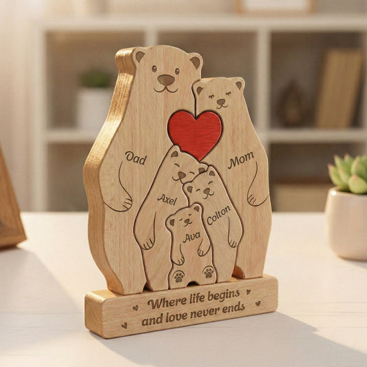 Father's Day Gifts, Bear Family, Mama Bear, Daddy Bear & Baby Cubs - Personalized Wooden Family Puzzle