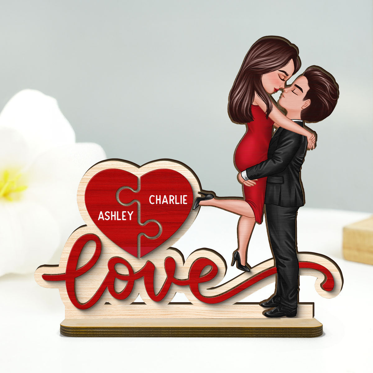 Couple Hugging Kissing Love Missing Piece Personalized 2-Layer Standing Wooden Plaque, Gift For Him or Her