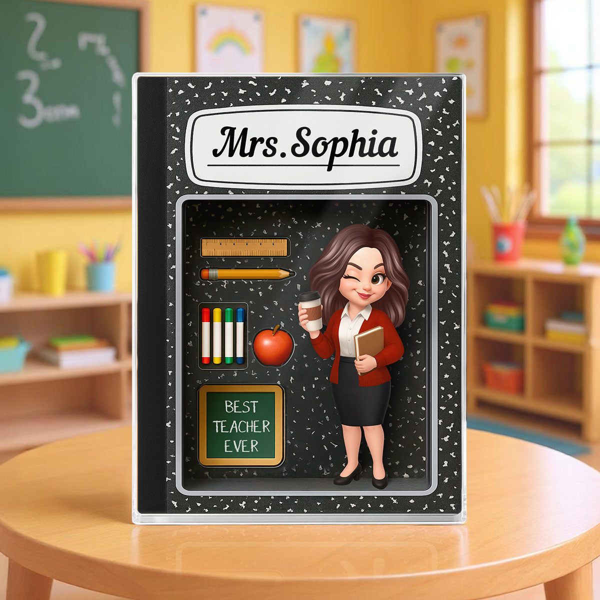 Teacher Inside Composition Book Pattern Box 3D Effect Personalized Acrylic Block, Back To School Gift