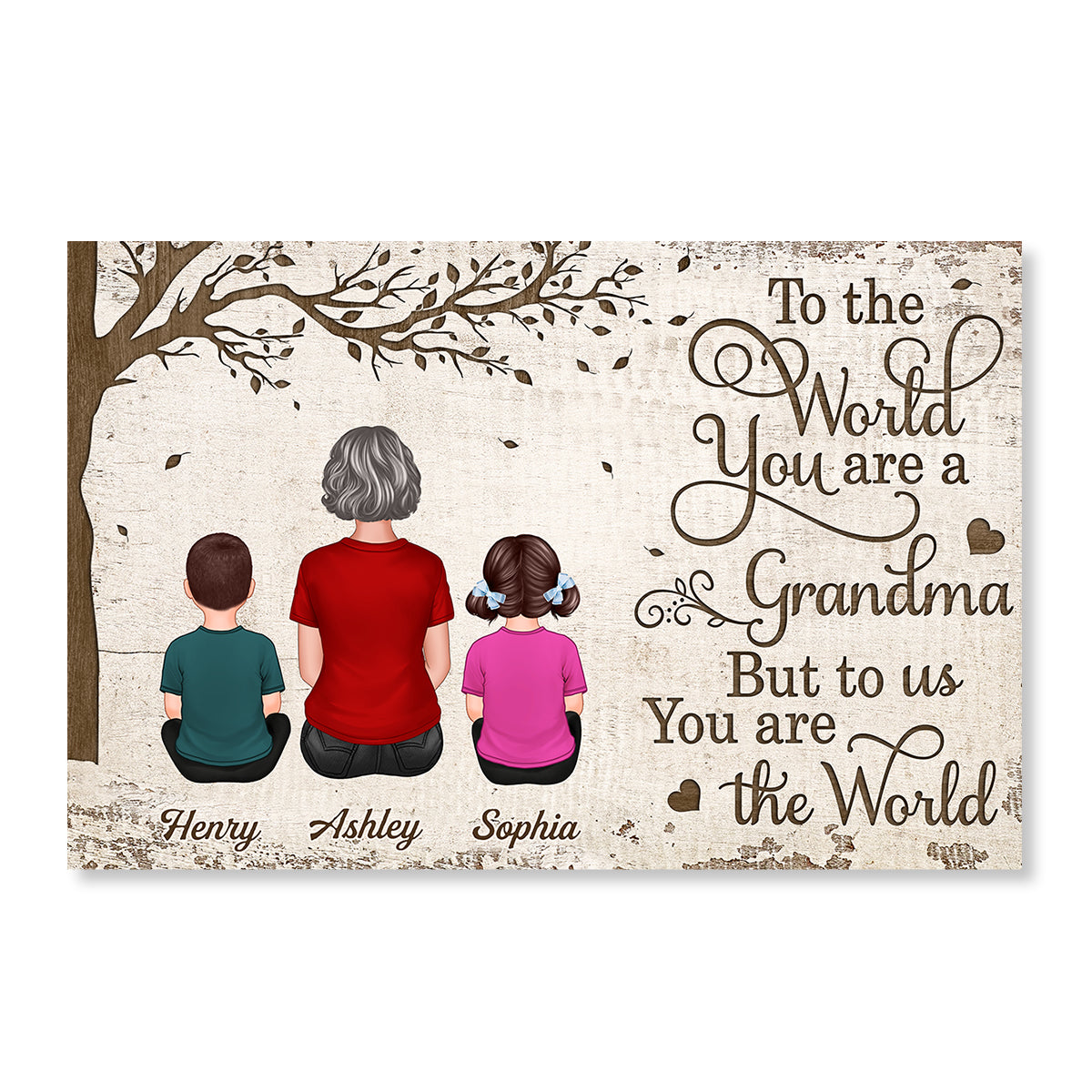 Back View Grandma Grandchildren Sitting Under Tree Mother‘s Day Gift For Grandma Personalized Horizontal Poster