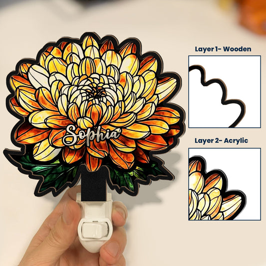 Birth Flower With Name - Personalized Wood And Acrylic Night Light