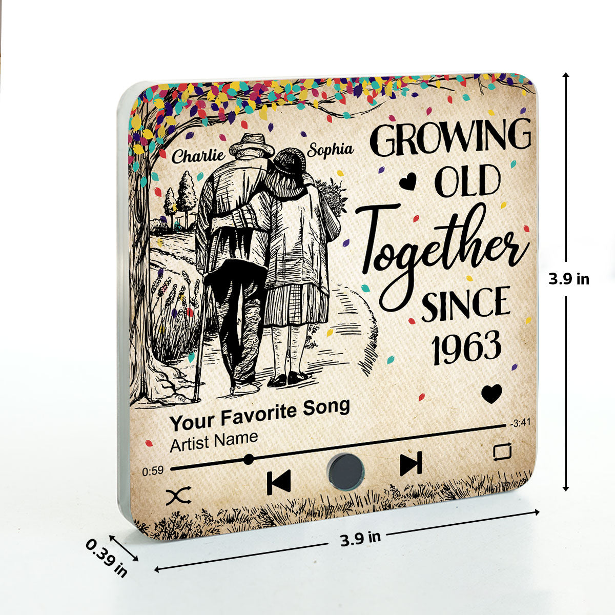 Colorful Tree Old Couple Walking Personalized Music Fridge Magnet, Heartfelt Gift For Couple, For Him, For Her, Boyfriend, Girlfriend, Husband, Wife