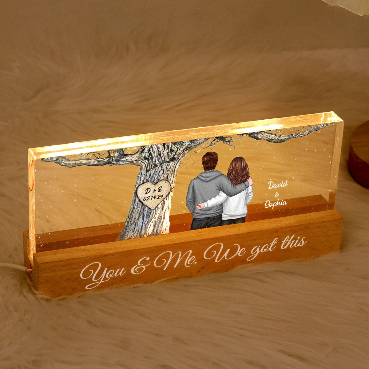Couple Back View Engraved Tree Personalized Acrylic Block LED Night Light, Gift, Anniversary Gift for Him for Her