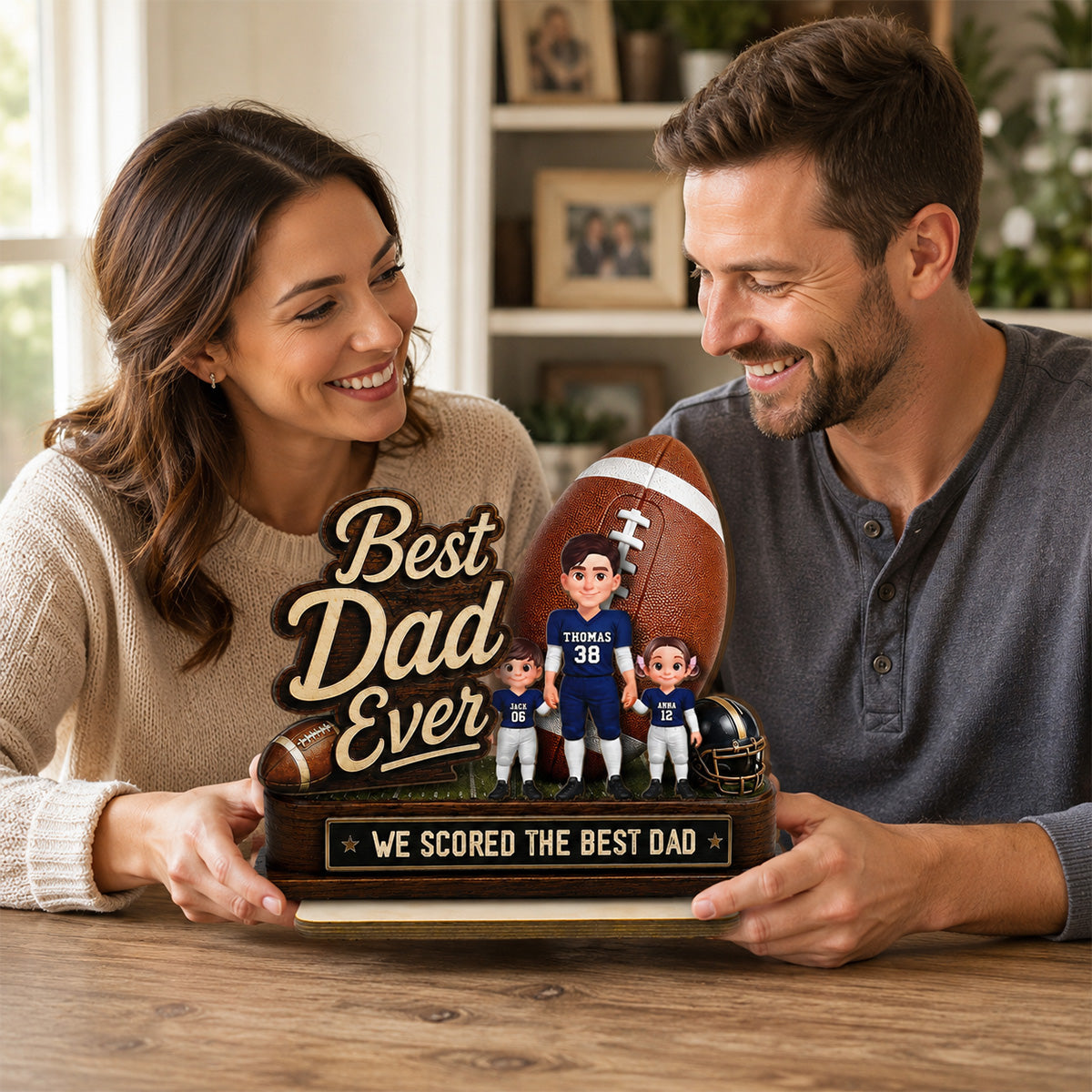 We Scored The Best Dad American Football Dad & Kids - Personalized 2-Layered Wooden Plaque - Gift For American Football Dad