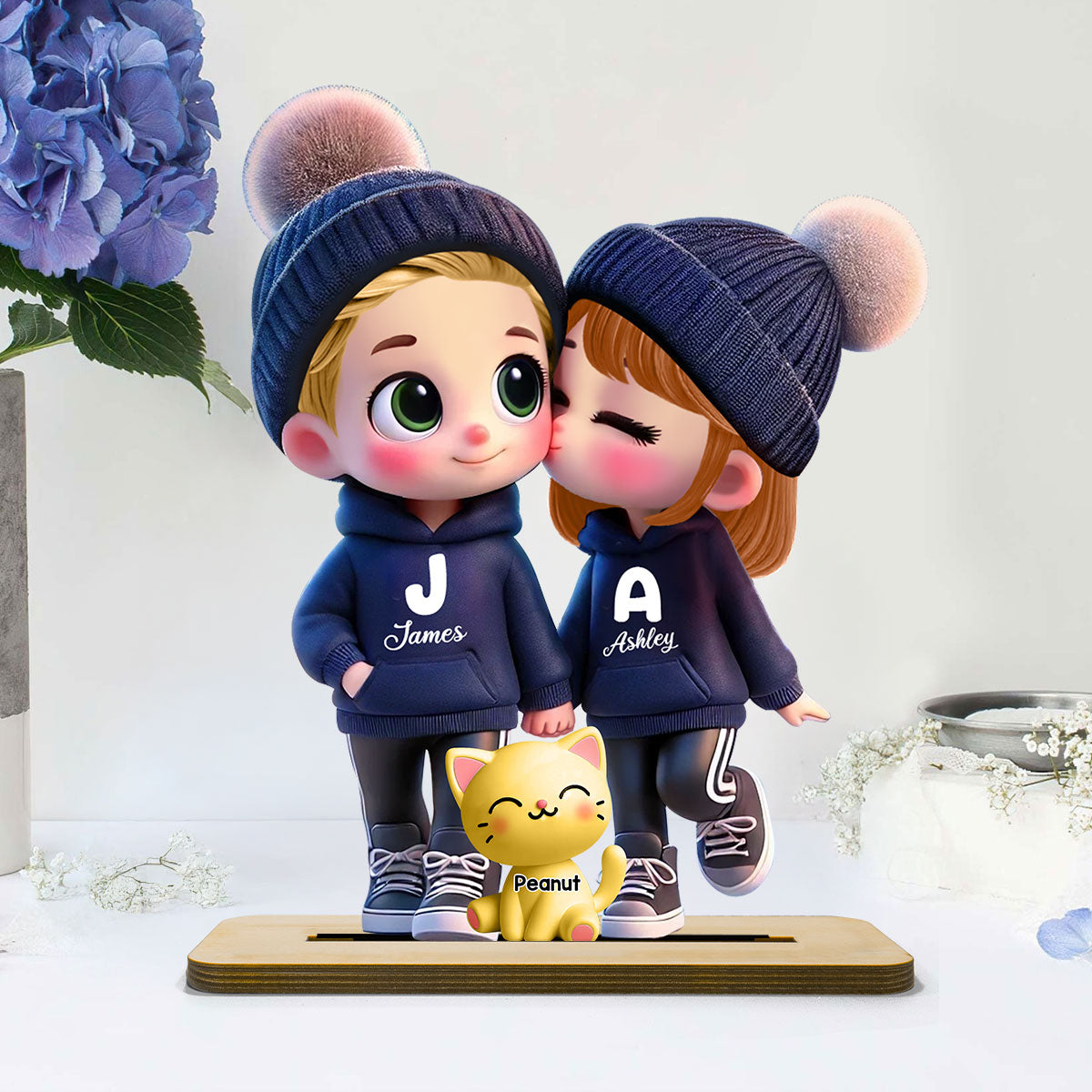 3D Effect Cute Cartoon Couple You Me And The Dog Cat Personalized Standing Wooden Plaque, Gift for Him, Gift for Her