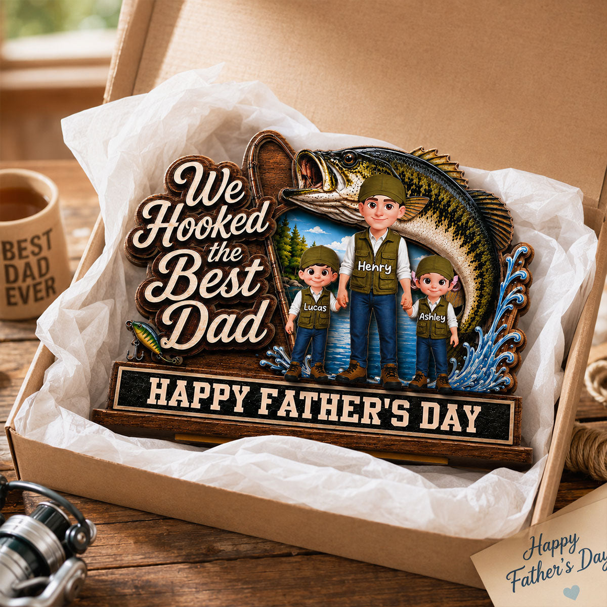 We Hooked The Best Dad Fishing Man & Kids 2D Flat - Personalized 2-Layered Wooden Plaque - Gift For Fishing Dad