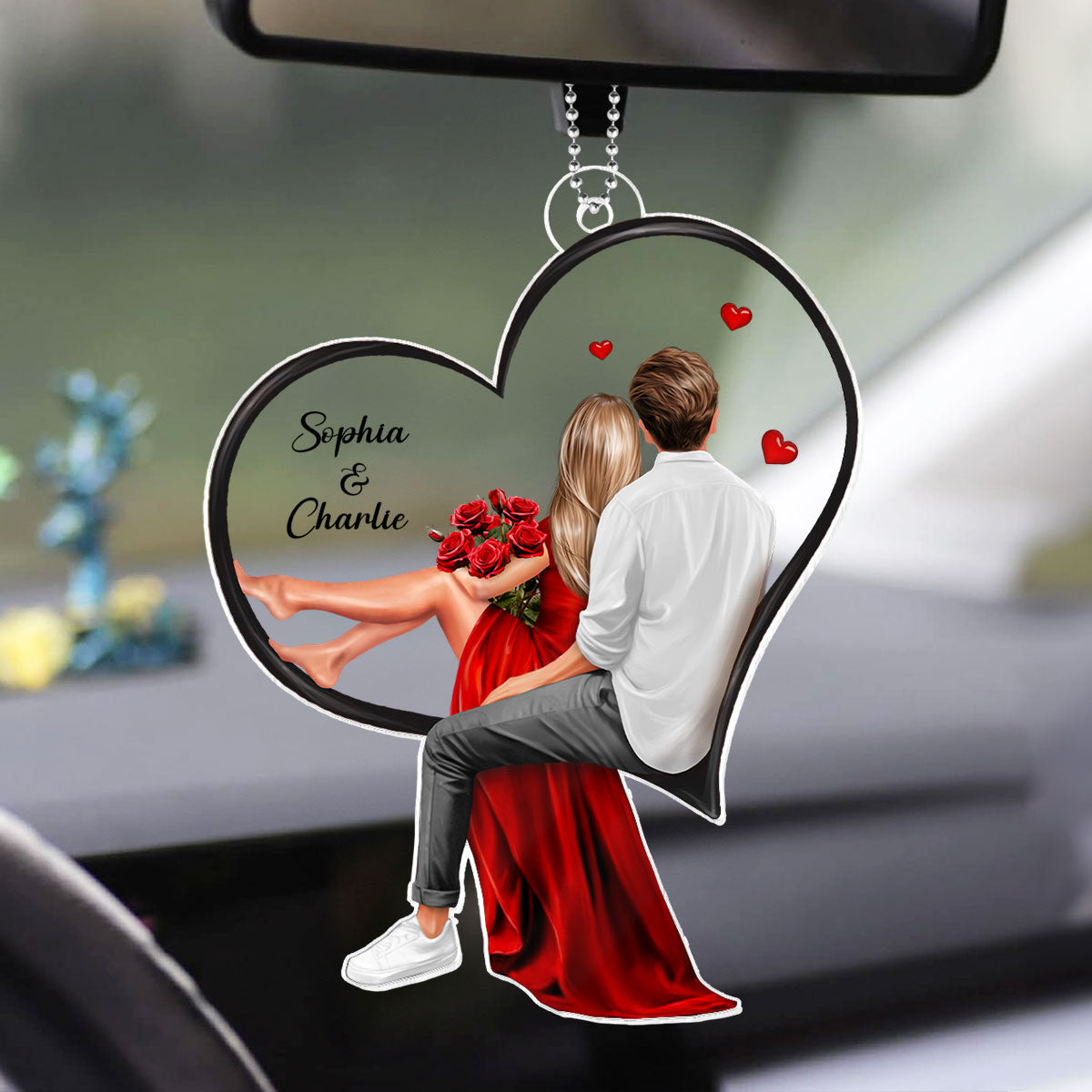 Couple Sitting On Heart Personalized Acrylic Car Hanger, Gift, Anniversary Gift for Couples