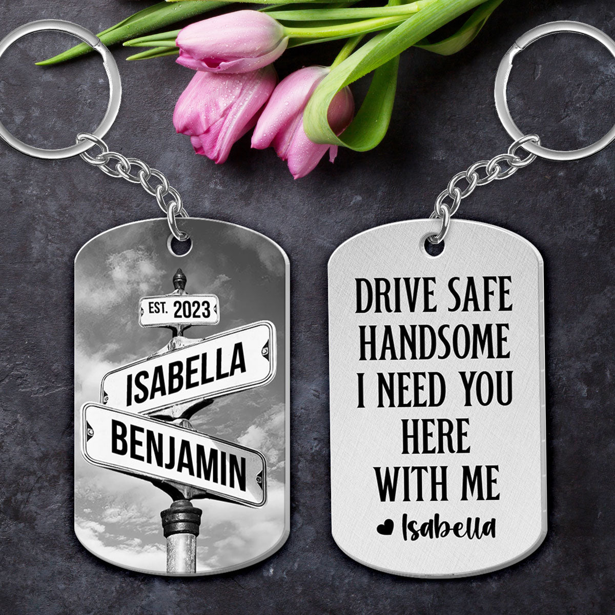 Drive Safe I Need You Vintage Crossroads Street Sign Personalized Metal Keychain, Anniversary Gift For Him, Boyfriend, Husband