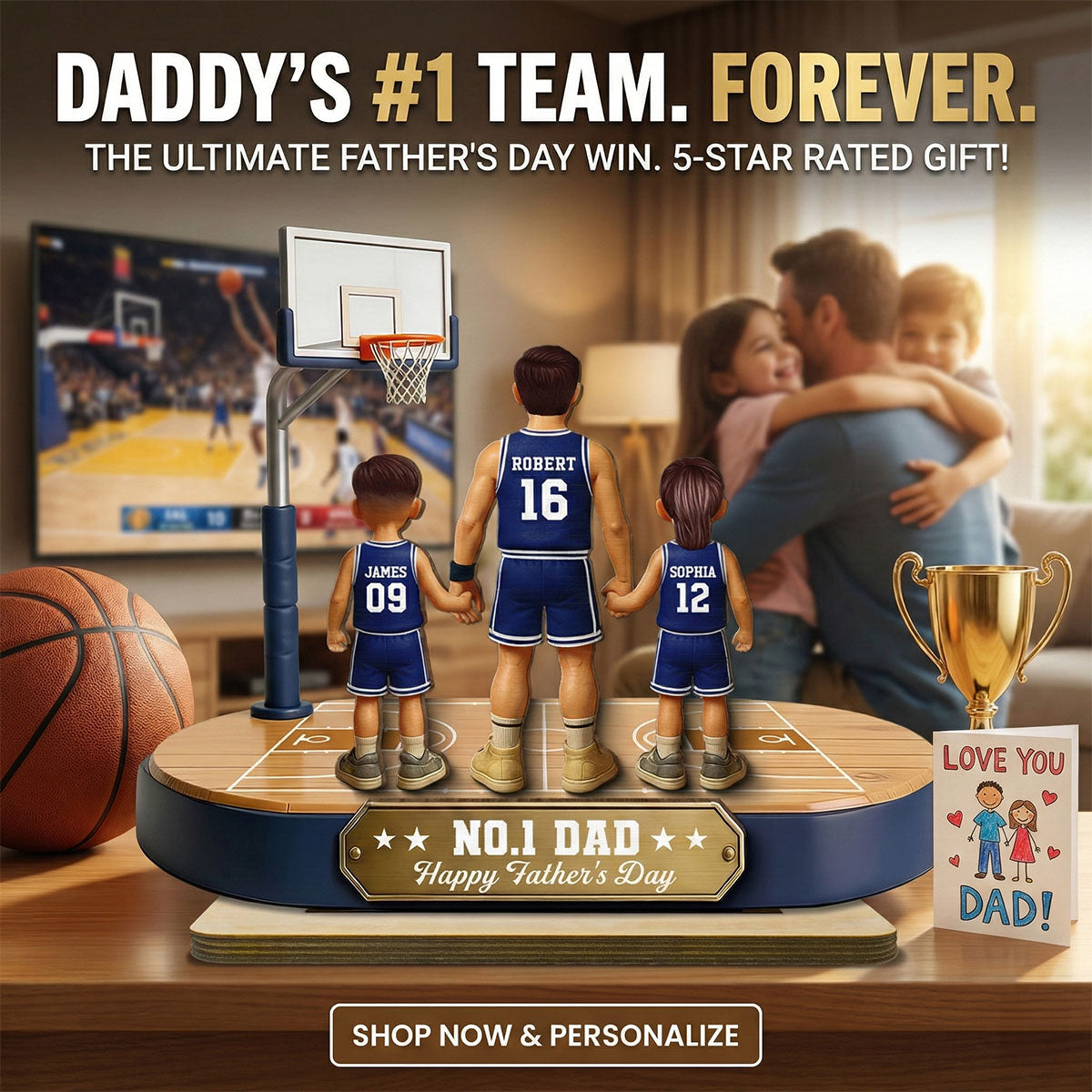 Daddy's Basketball Dream Team - Personalized 2-Layered Wooden Plaque - Gift For Basketball Dad