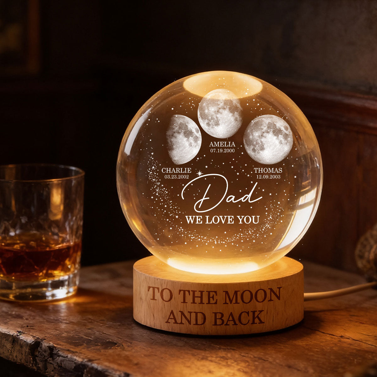Love to the Moon and Back - Personalized Crystal Ball LED Night Light - Custom Moon Phase by Date, Gift for Dad, Husband
