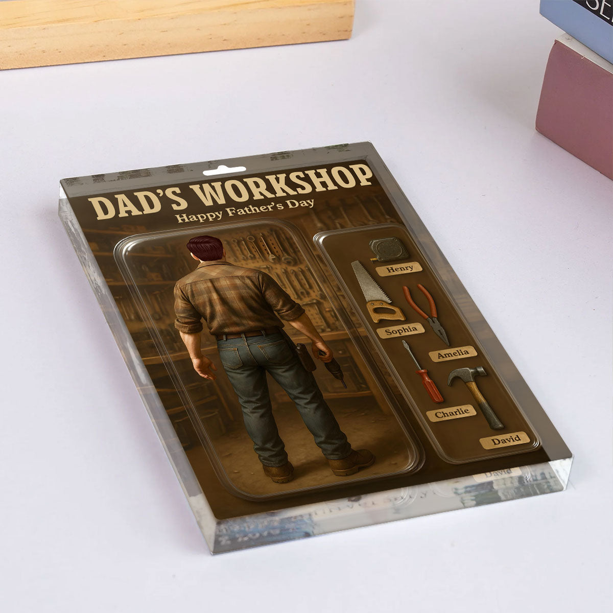 Dad's Workshop With Kids' Names Grandpa's Workshop Custom Figure Personalized Acrylic Block Plaque, Unique Gift For Him, For Dad, For Grandpa