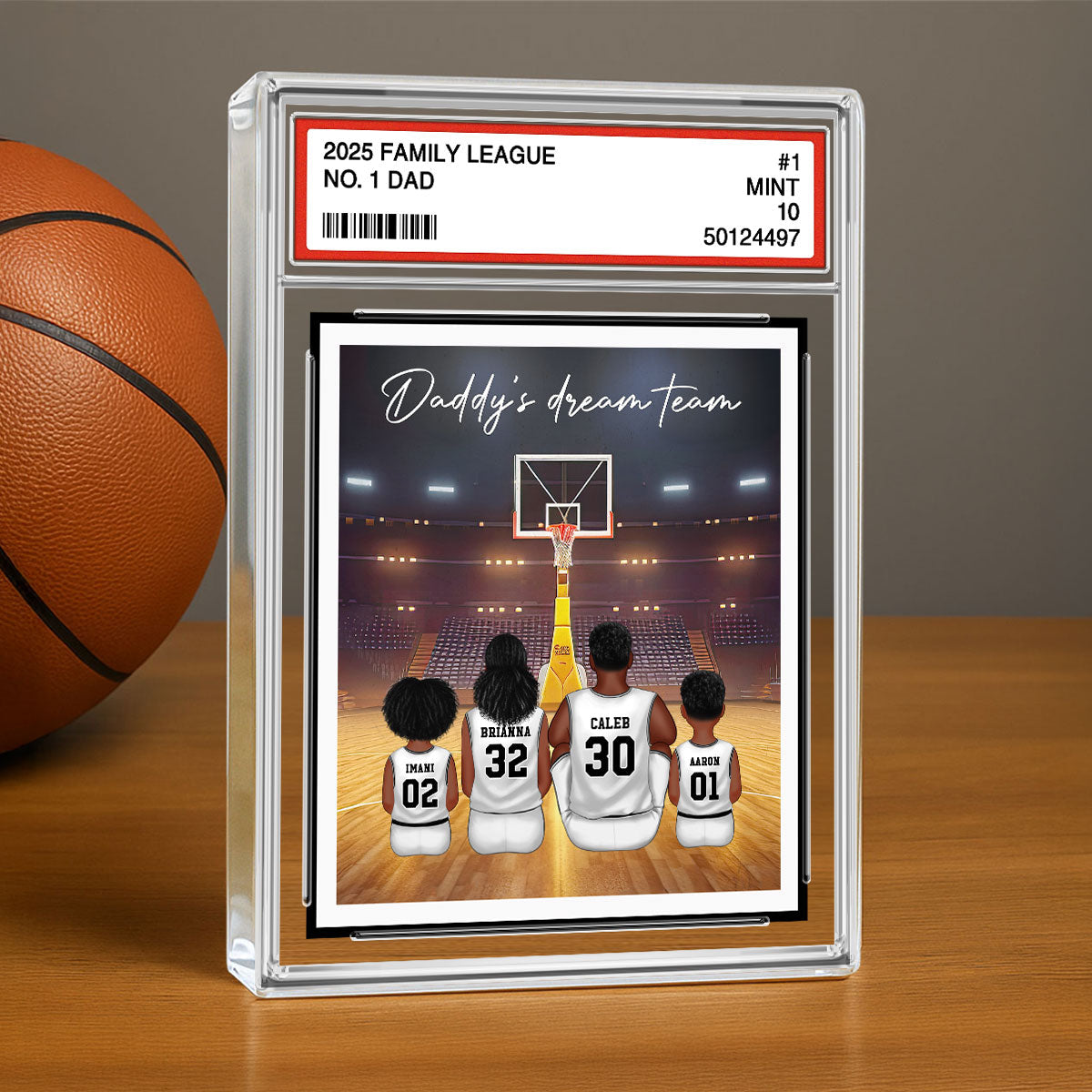 Basketball Daddy's Dream Team No. 1 Dad Man & Kids Sitting Trading Card Style Personalized Acrylic Block Plaque