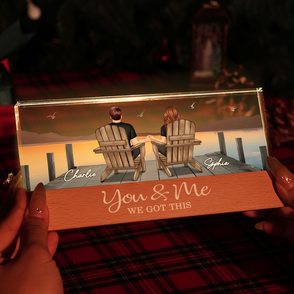 Couple Sitting On The Bridge, Lake Dock Personalized Acrylic Block LED Night Light, Heartfelt 2025 Gift For Couple, For Her, Girlfriend, Wife