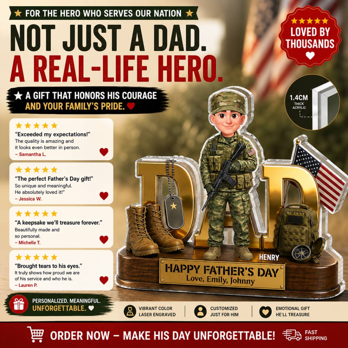 Proud American Military Armed Force Hero Dad 2D Flat - Personalized Acrylic Block Plaque - Unique Trending Gift For Dad, Husband