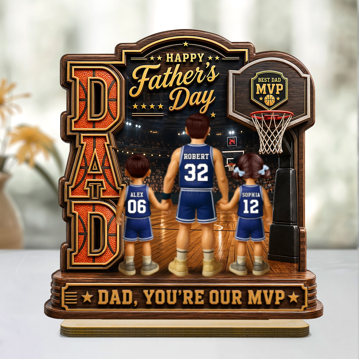 The MVP Dad Basketball - Personalized 2-Layered Wooden Plaque - Gift For Dad, Husband