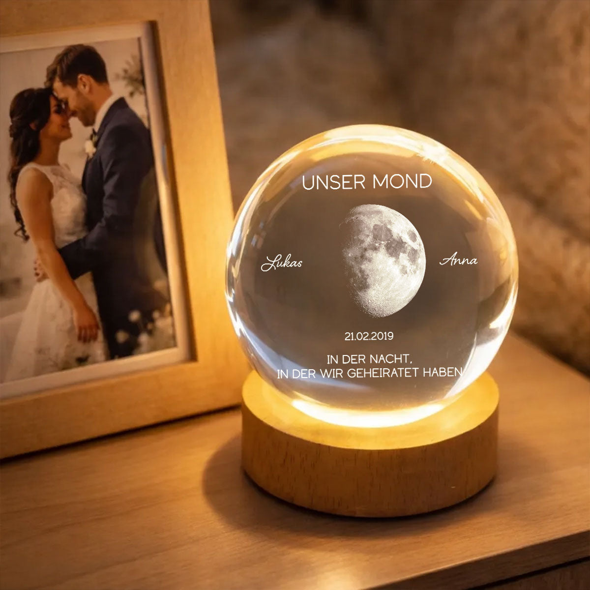 Unser Mond zum Wunschdatum – Personalisierte Mondphase – Kristallkugel Nachtlicht – Jahrestagsgeschenk fr Sie & Ihn