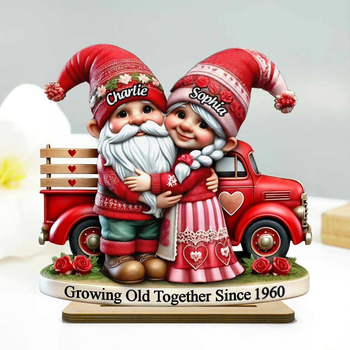 3D Effect Gnome Couple Truck Personalized 2-Layer Standing Wooden Plaque, Heartfelt Gift For Her, For Wife