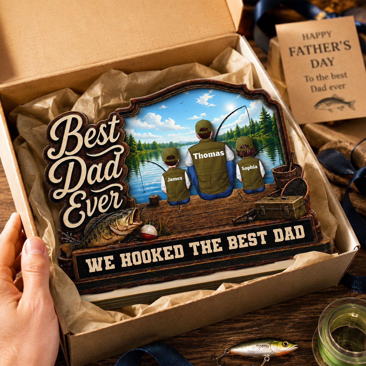 We Hooked The Best Dad Papa Fishing Man & Kids Back View 2D Flat - Personalized 2-Layered Wooden Plaque - Gift For Hunting Dad, Grandpa