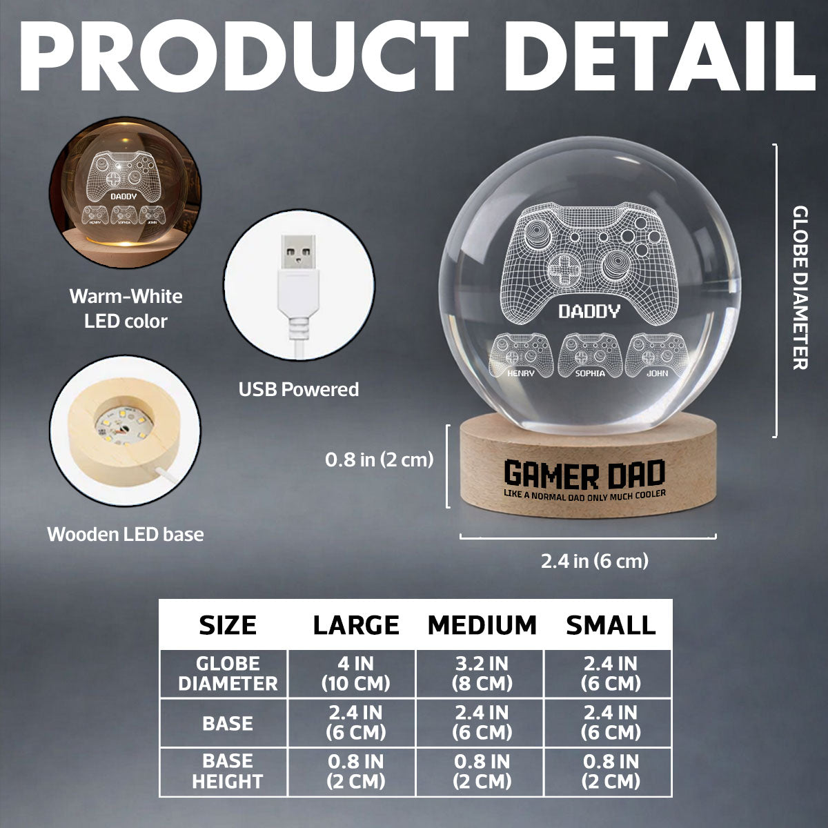Gamer Dad Like A Normal Dad But Cooler - Personalized Crystal Ball LED Night Light - Gift For Dad