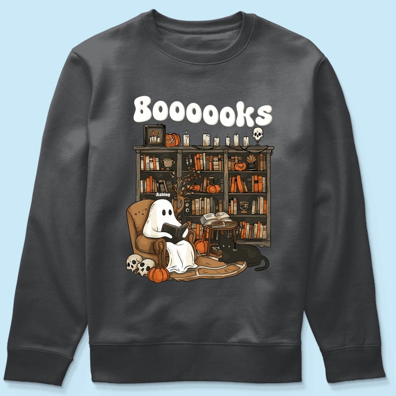 Booooks Retro Ghost Reading Books Personalized Halloween Shirt for Book Lover, Librarian, Teacher
