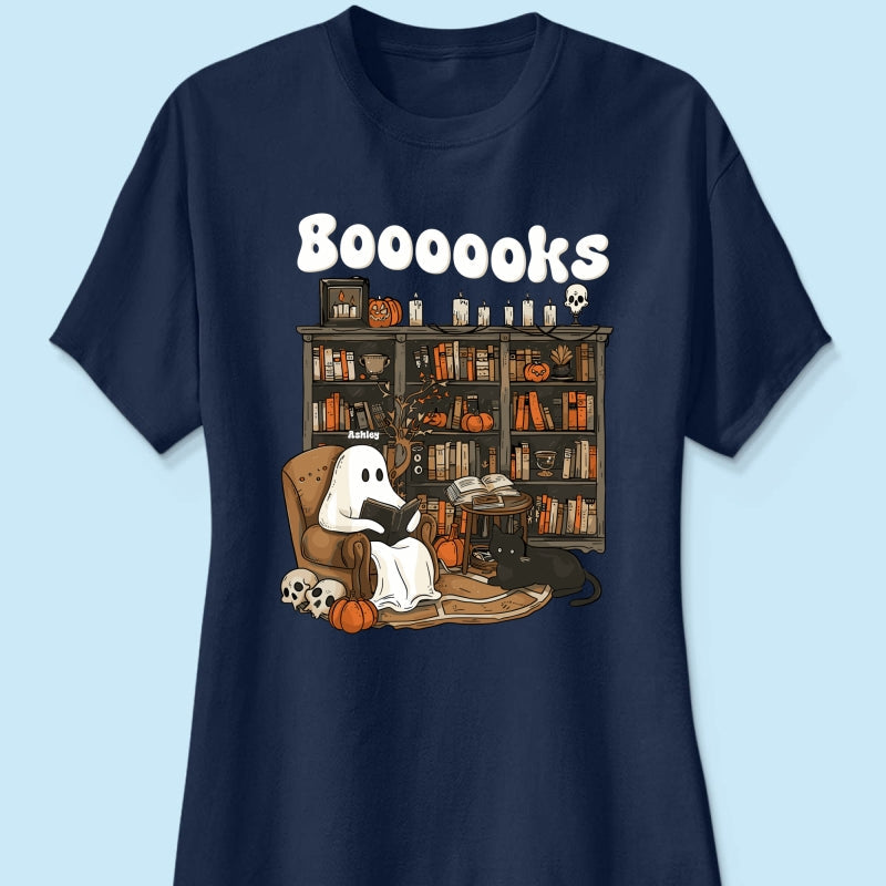 Booooks Retro Ghost Reading Books Personalized Halloween Shirt for Book Lover, Librarian, Teacher