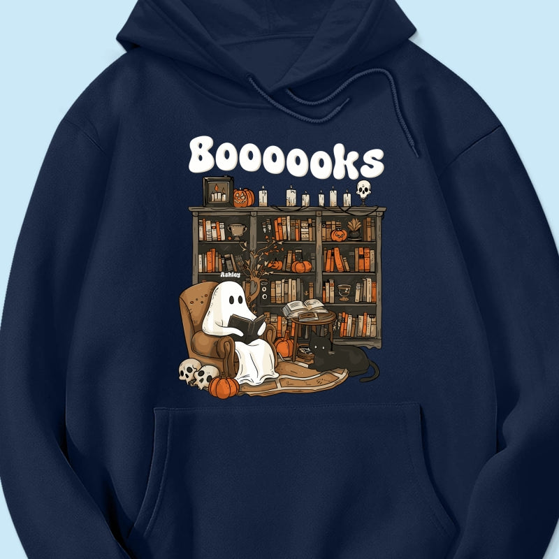 Booooks Retro Ghost Reading Books Personalized Halloween Shirt for Book Lover, Librarian, Teacher