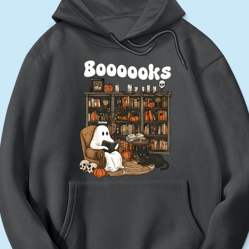 Booooks Retro Ghost Reading Books Personalized Halloween Shirt for Book Lover, Librarian, Teacher
