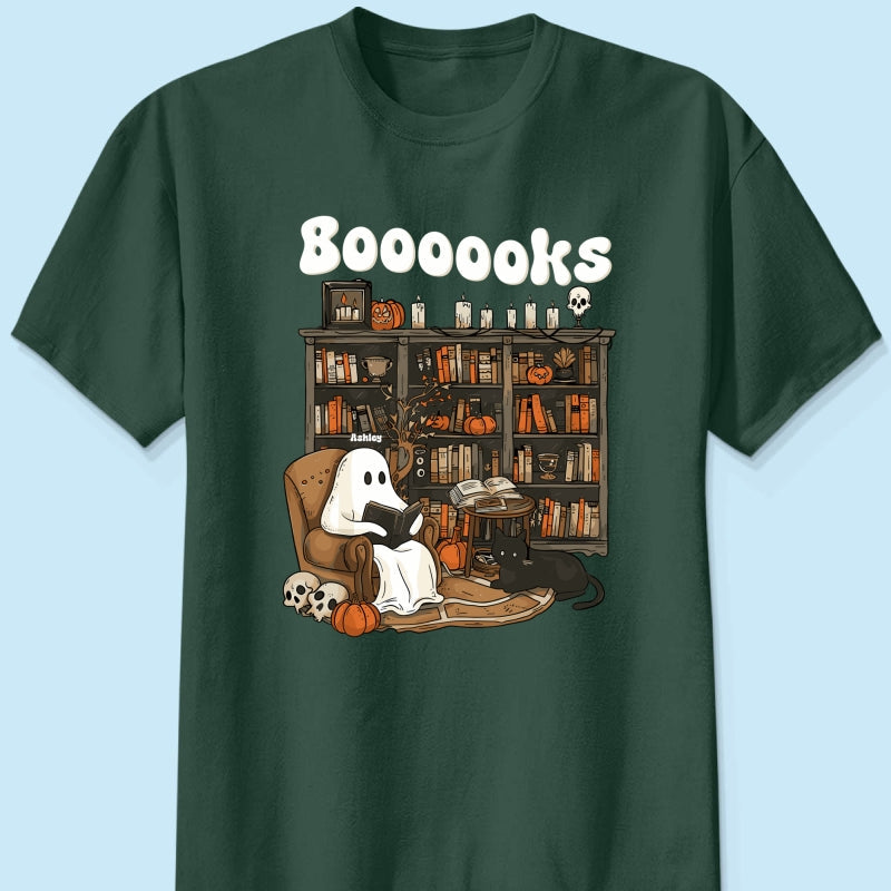 Booooks Retro Ghost Reading Books Personalized Halloween Shirt for Book Lover, Librarian, Teacher