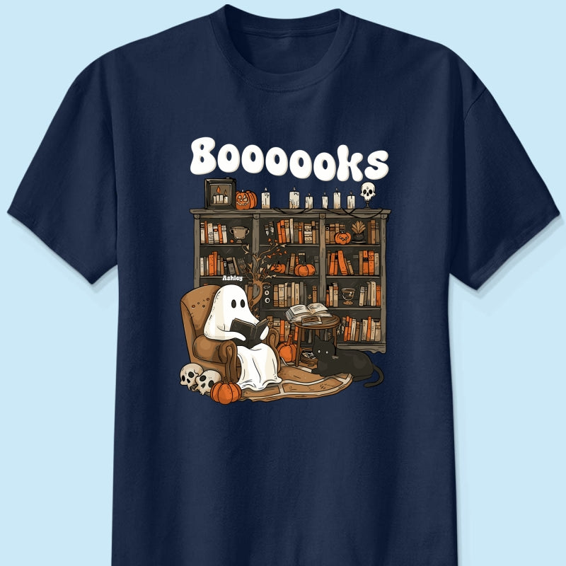 Booooks Retro Ghost Reading Books Personalized Halloween Shirt for Book Lover, Librarian, Teacher
