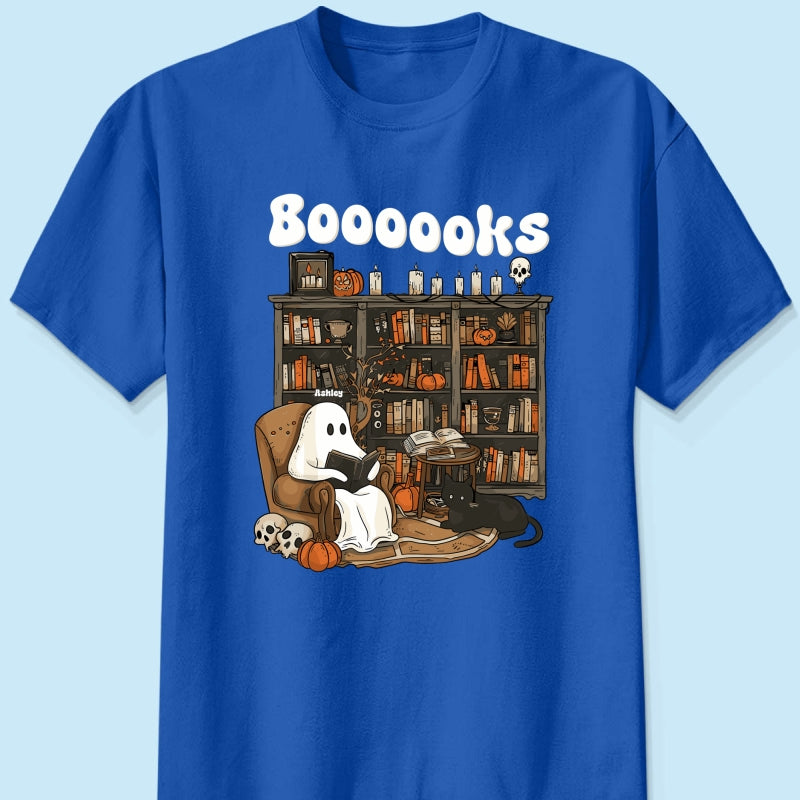 Booooks Retro Ghost Reading Books Personalized Halloween Shirt for Book Lover, Librarian, Teacher