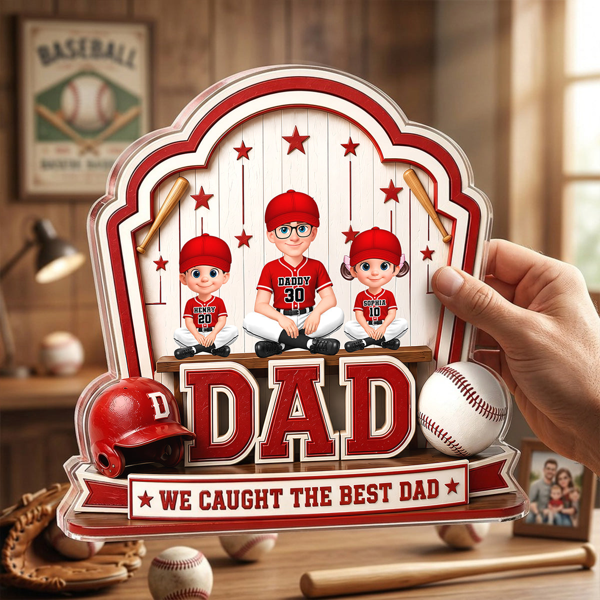 Baseball Best Dad & Kids - Personalized Acrylic Block Plaque - Gift For Dad, Husband