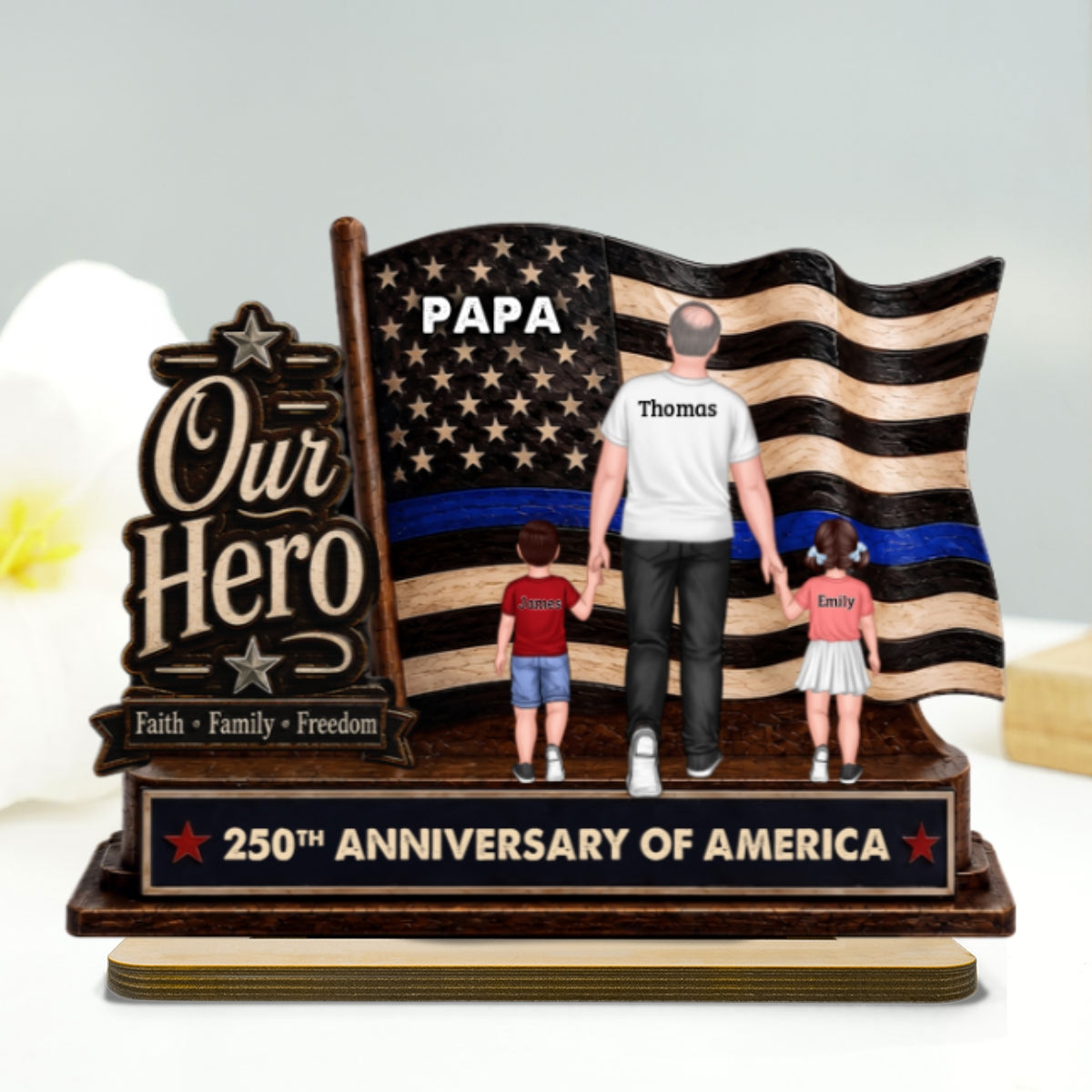 Dad Grandpa Our Hero American Flag 2D Flat - Personalized 2-Layered Wooden Plaque - Gift For Patriotic Dad, Grandpa, Husband