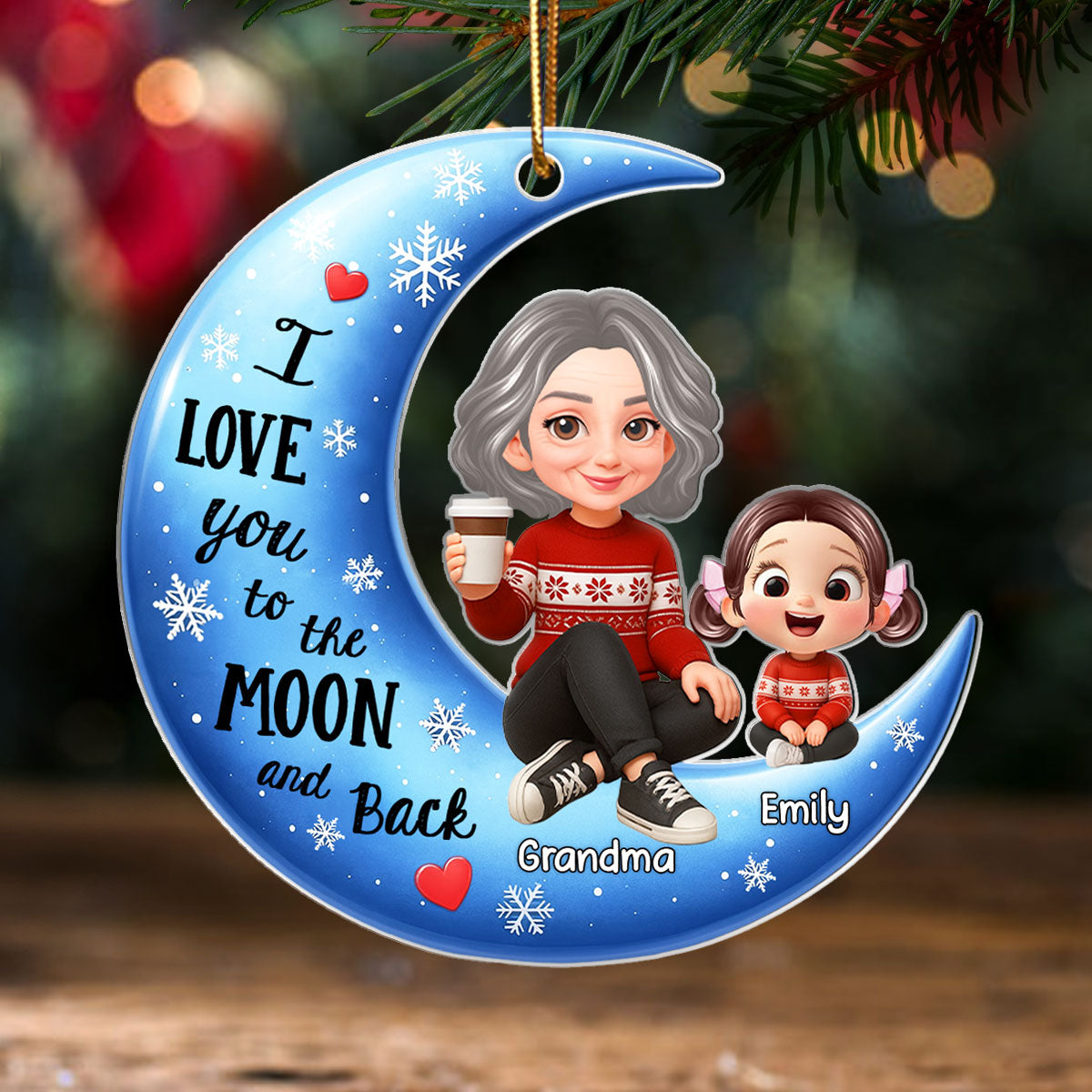 Cute Grandma Grandkids Sitting on Moon Personalized Acrylic Ornament, Christmas Gift for Grandma, Granddaughter, Grandson