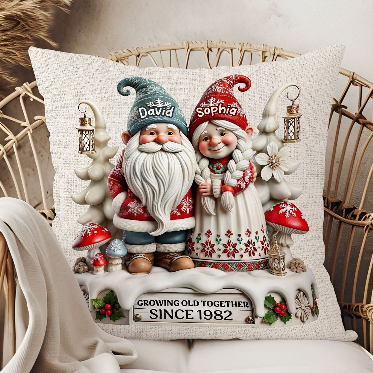 3D Effect Gnome Couple Together Personalized Pillow, Heartfelt Gift For Couple, For Him, For Her, Husband, Wife