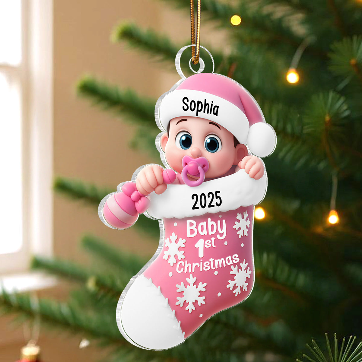 3D Effect Cute Cartoon Baby In Stocking Baby's 1st Christmas Personalized Acrylic Flat Ornament