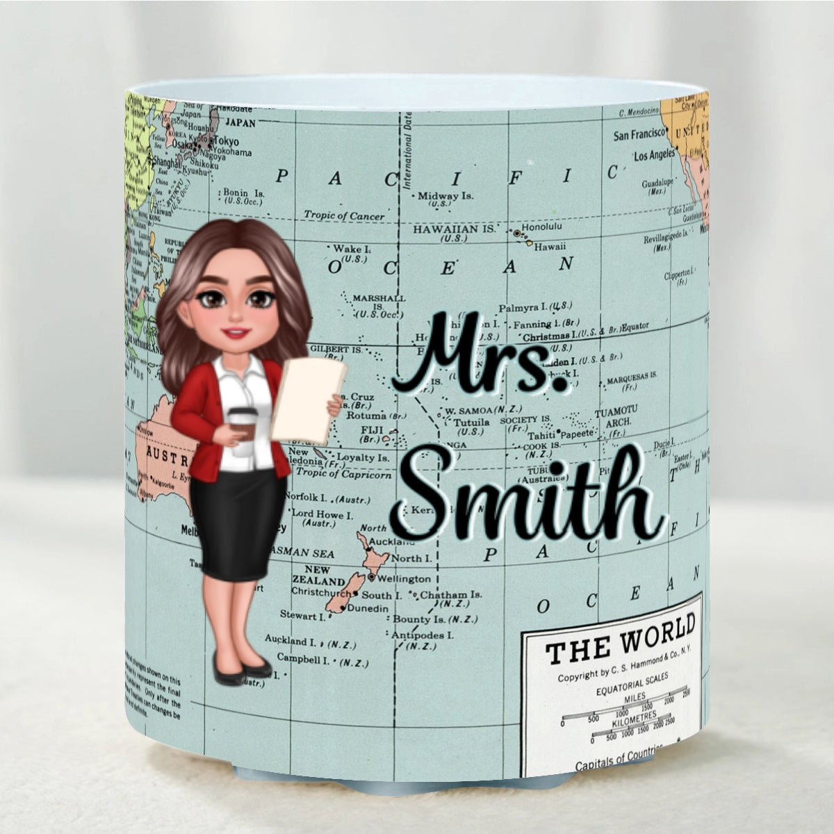 World Map Adventure Themed Doll Teacher Personalized Rotating Pen Holder