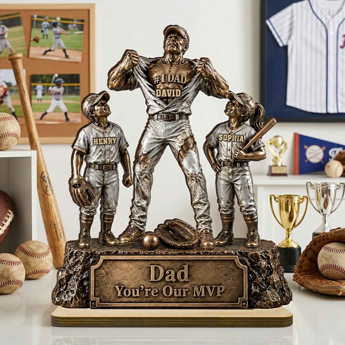 No 1 Dad Baseball Victory Trophy - Personalized 2-Layered Wooden Plaque - Gift for Dad, Husband