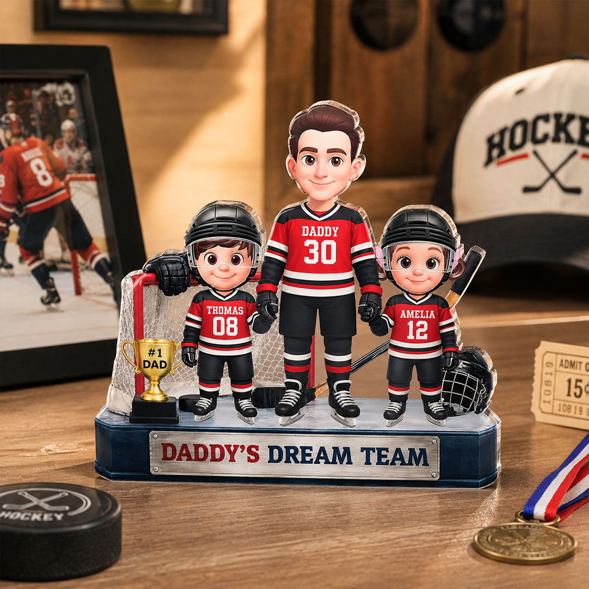 Daddy's Dream Team Hockey Dad & Kids - Personalized Acrylic Block Plaque - Gift For Dad, Husband