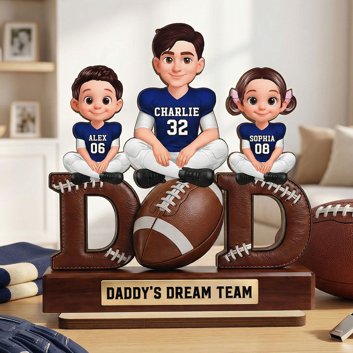 American Football Daddy's Dream Team - Personalized 2-Layered Wooden Plaque - Gift For Dad