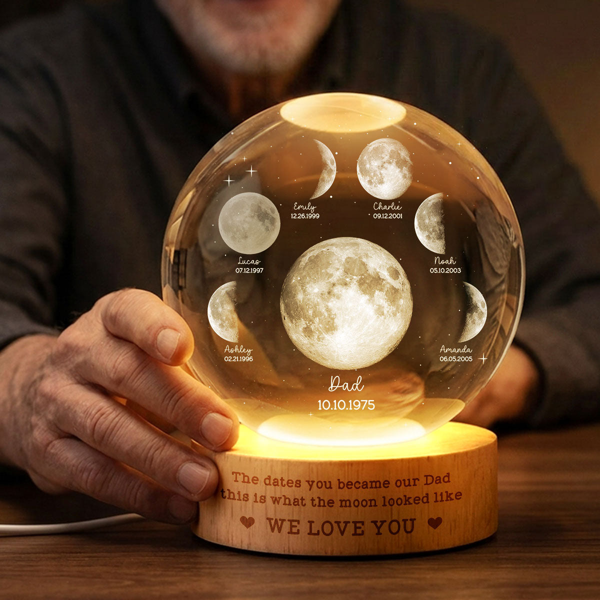 The Date You Became Our Dad - Personalized Crystal Ball LED Night Light - Custom Moon Phase by Date, Gift for Dad, Husband