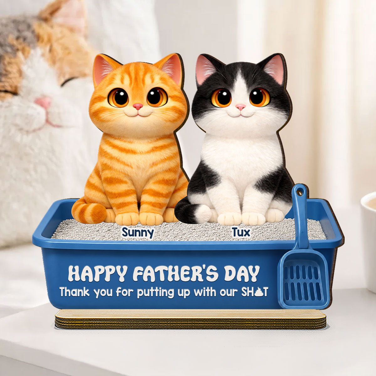 Cute Fluffy Cats Happy Thanks For Feeding And Scooping Poo 2D Flat - Personalized 2-Layered Wooden Plaque - Funny Gift For Cat Dad, Cat Lovers