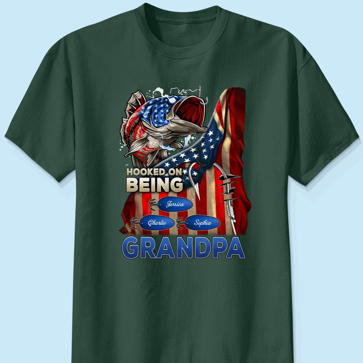 Hooked On Fishing Dad Grandpa Nation Flag Personalized Shirt